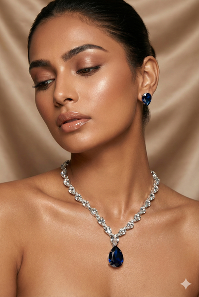 Navy Blue Teardrop Korean Glass Stone Necklace Set | Premium Jewellery