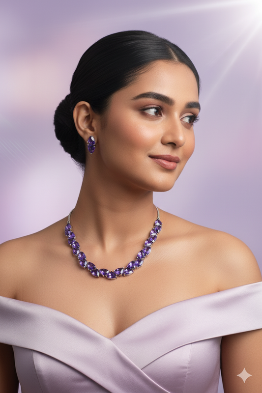 Korean Purple Glass Stone Jewelry Necklace Set | Rhodium Plated Elegant Minimal Jewelry with Earrings