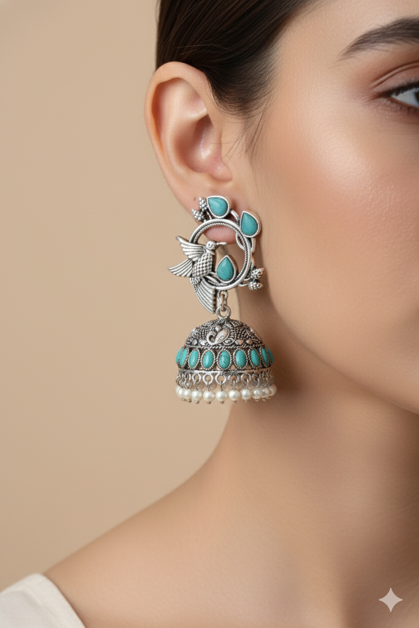 Hummingbird Jhumka with Mint Monalisa & Pearls | Oxidised German Silver