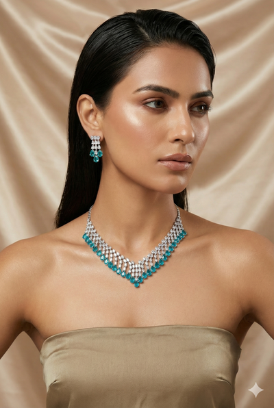 Aqua Layered Korean Glass Stone Necklace Set | Premium Jewellery