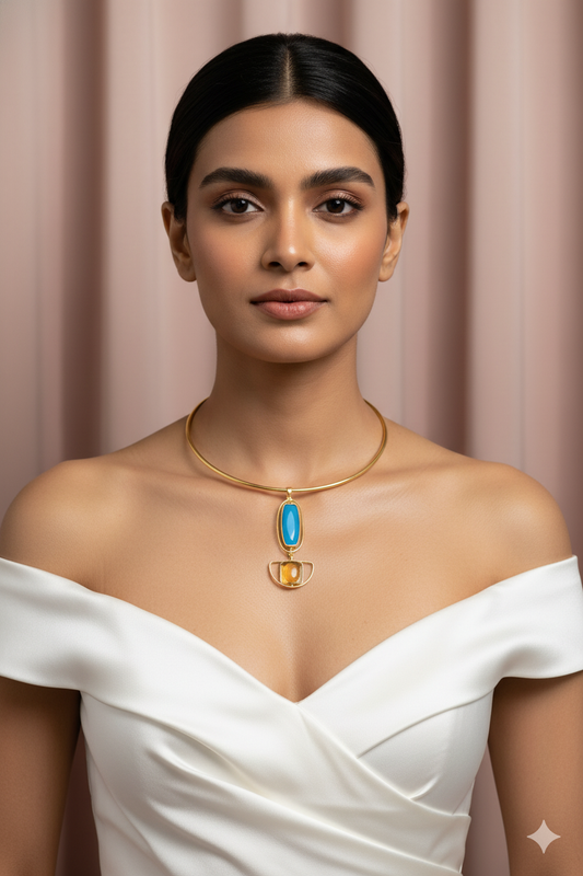 Hansuli Necklace with Dual‑Tone Geometric Pendant – Blue & Yellow Stones | Brass Anti Tarnish | Lightweight