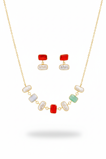 Pearl, Green & Red Stone Necklace Set | Natural Stones, Gold-Plated Brass