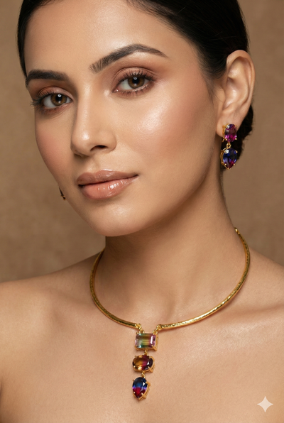 Natural Stone Floral-Vine Multicolour Necklace Set – One-of-a-Kind | Anti-Tarnish Brass