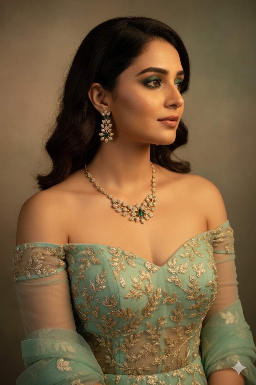 Golden Floral Emerald Choker Set