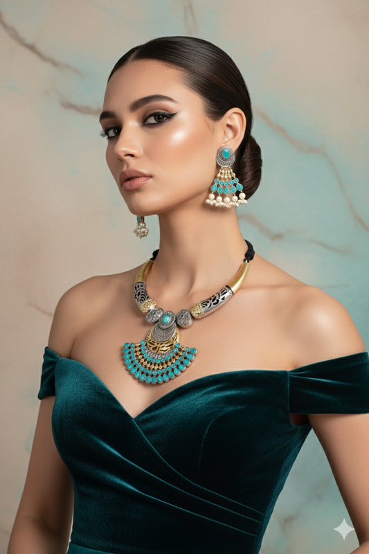 Dual Tone German Silver Temple Necklace with Blue Stones & Earrings – Oxidised Gold & Silver Festival Jewellery