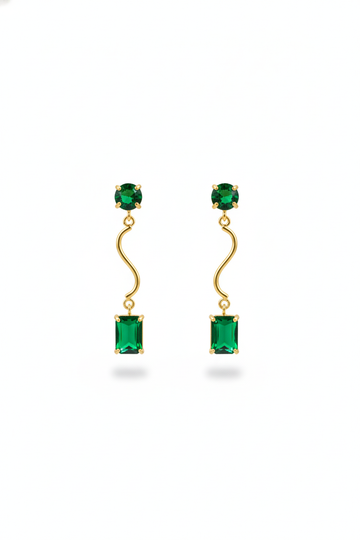 Wavy Bar Drop Earrings with Emerald‑Green Stone | Natural Stone, Gold‑Plated Brass