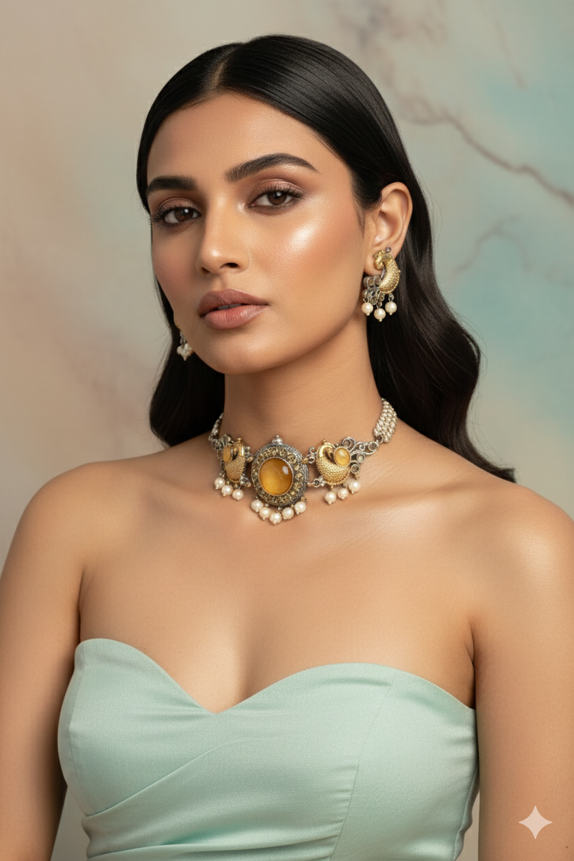 German Silver Gold-Tone Temple Jewellery Set with Earrings (Peacock Motif)