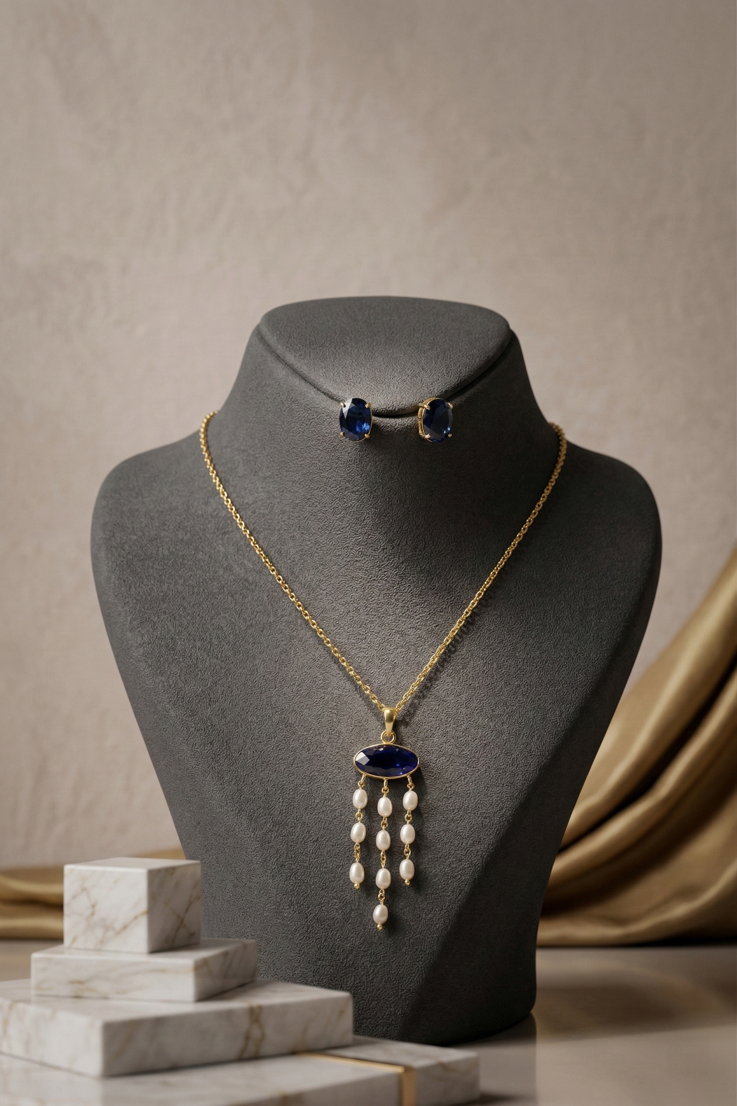 Blue Natural Stone Pearl Tassel Pendant Necklace – Gold Plated Brass Elegant Jewelry
