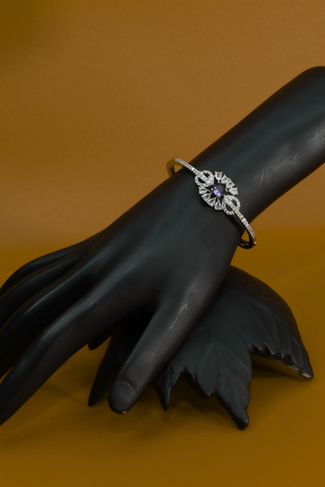 Delicate Floral Silver Bracelet with Purple Stone