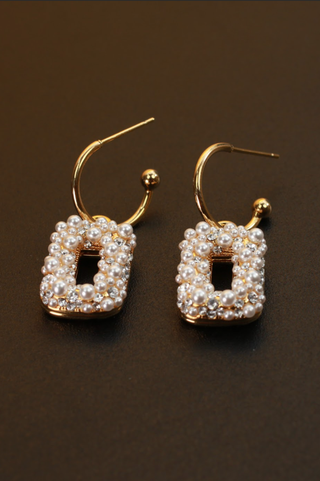 Pearl-Studded Rectangular Hoop Earrings in Gold Finish