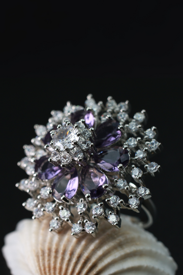Purple Crystal Flower Cocktail Ring
