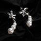 Silver Crystal Flower & Pearl Dangle Earrings – Elegant Anti-Tarnish Wedding Jewelry