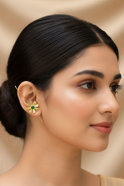 Floral Bugadi Earrings with Green Stone | Gold-Plated Brass, Lightweight