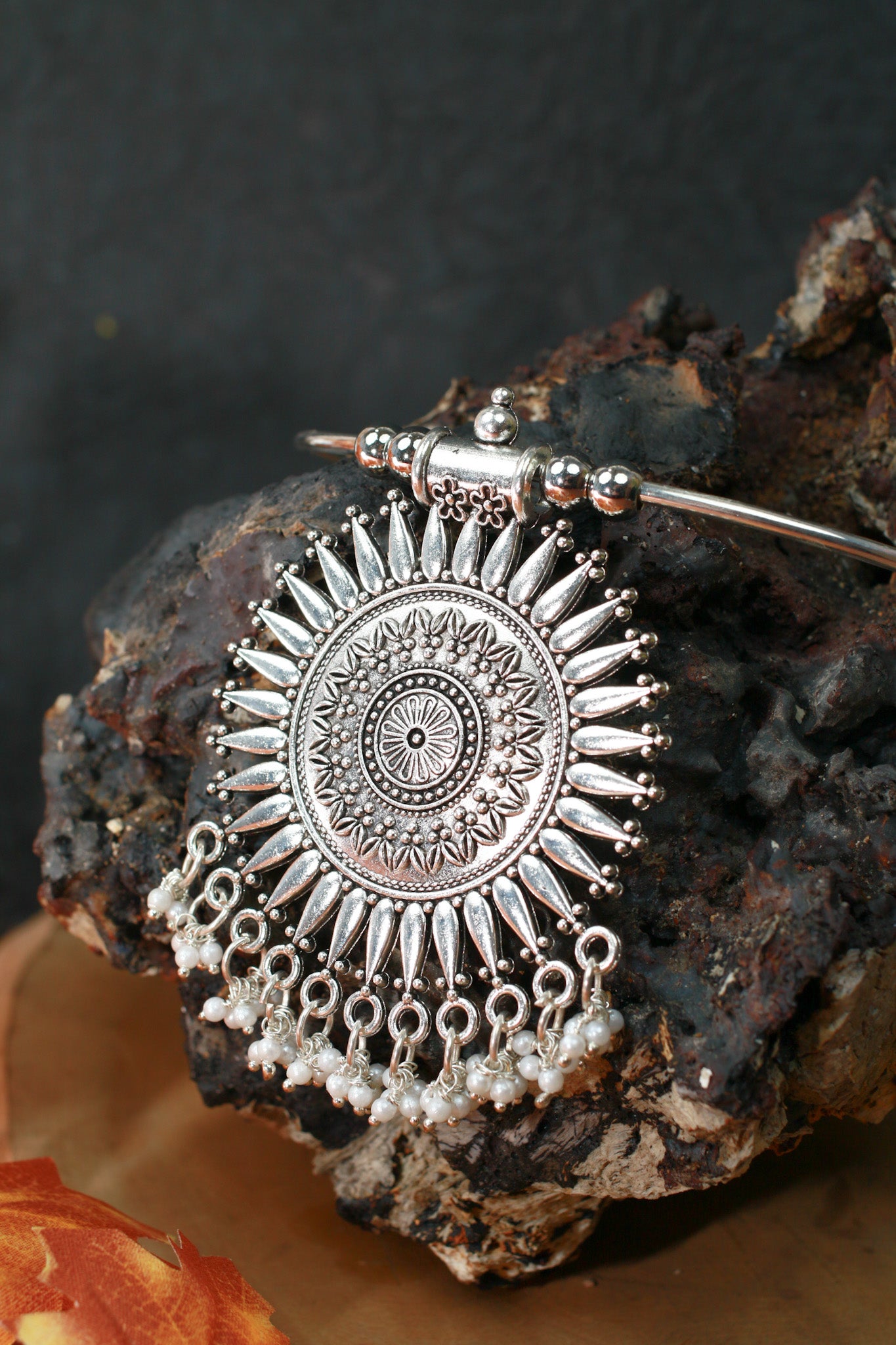 Oxidised German Silver Hansli Necklace with Sunburst Pendant & Pearl Fringe