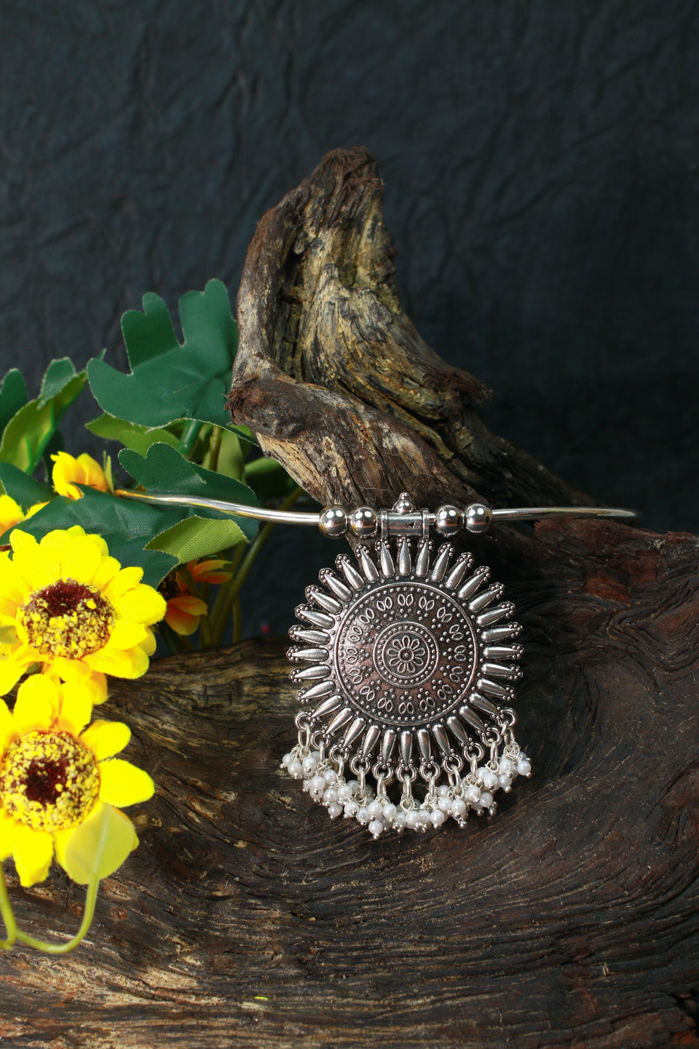 Oxidised German Silver Hansli Necklace with Sunburst Pendant & Pearl Fringe