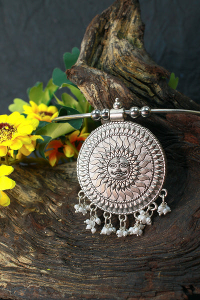 Oxidised German Silver Hansli Necklace with Sun Disc Pendant