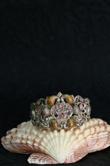 Oxidised Antique Design Brass Base Free Size Openable Royal Antique Floral Cluster Bangle for Women