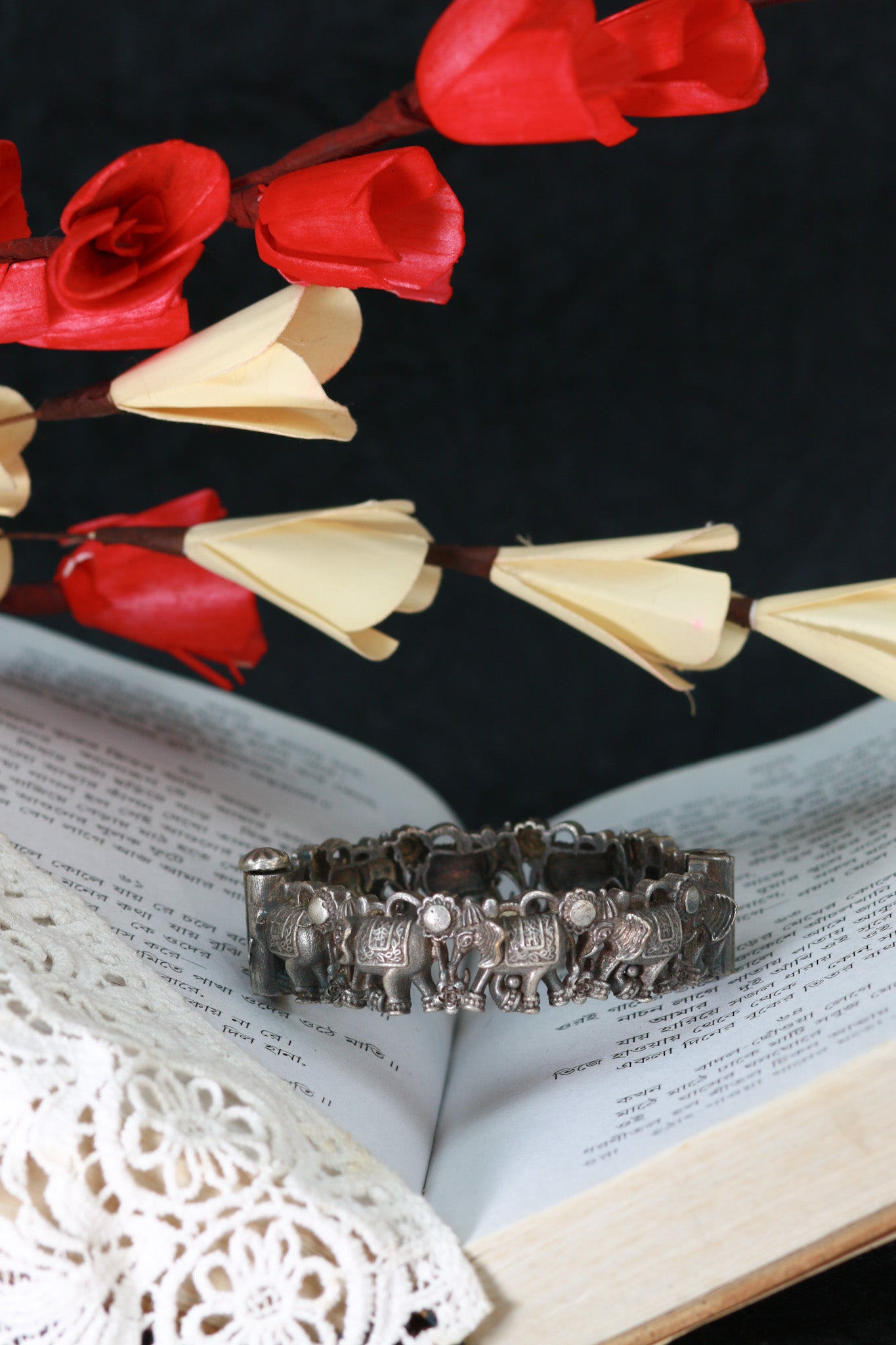 Oxidised Antique Design Brass Base Free Size Openable Royal Elephant Kada Bracelet for Women