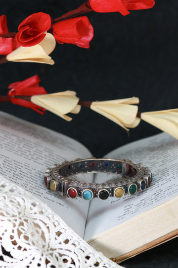 Oxidised Antique Design Brass Base Free Size Openable Multicolor Stone Kada Bracelet for Women
