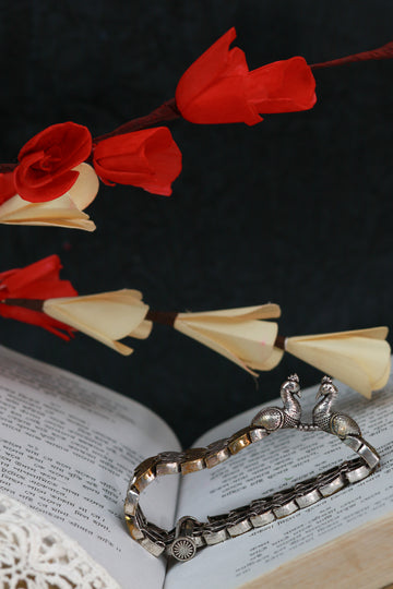 Oxidised Antique Design Brass Base Free Size Openable Peacock Motif Bracelet for Women