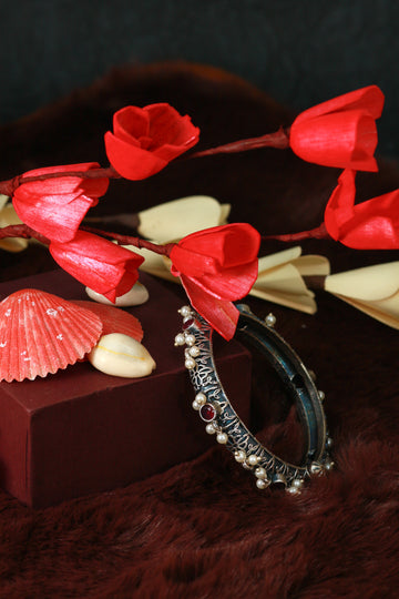 Oxidised Antique Design Brass Base Openable Mini Faux-Pearl Edge Kada Bracelet for Women