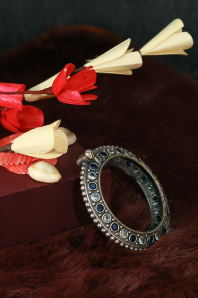 Oxidised Antique Design Brass Base Openable Navy Blue & White Stones All Around Kada Bracelet for Women