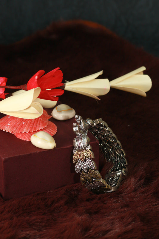 Oxidised Antique Design Brass Base Free Size Openable Peacock Motif Bracelet for Women