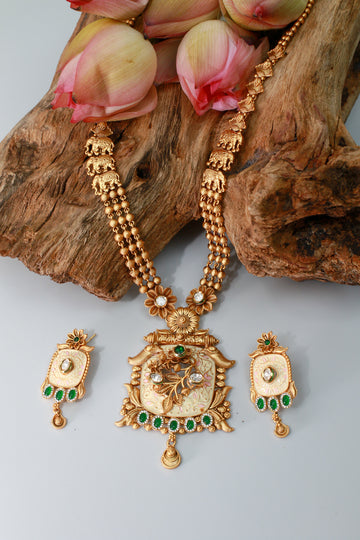 Antique Temple Pendant Haram with Meenakari & Elephant Links