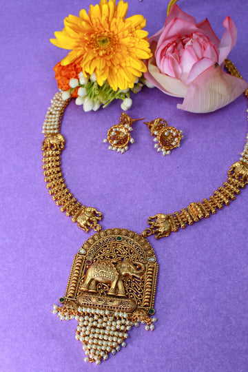 Antique Elephant Temple Pendant Haram with Pearl Tassel