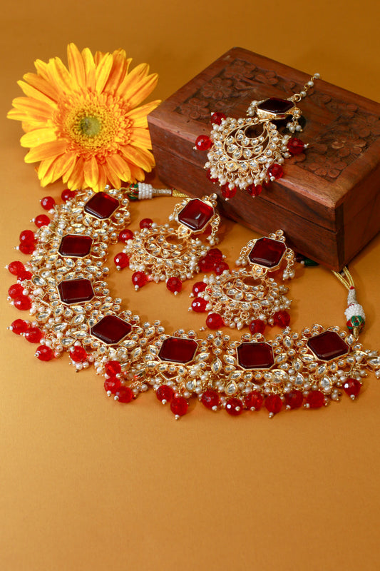 Grand Kundan Choker Necklace Set with Deep Ruby Squares