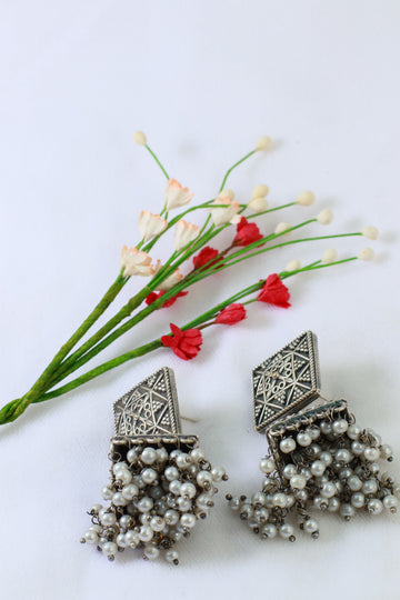 Oxidised German Silver Square Stud Earrings with Pearl Drops