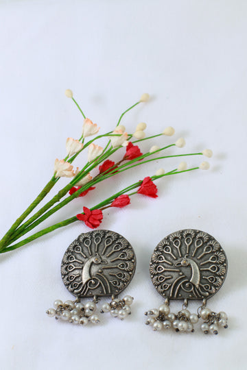Oxidised German Silver Peacock Design Earrings with Pearls