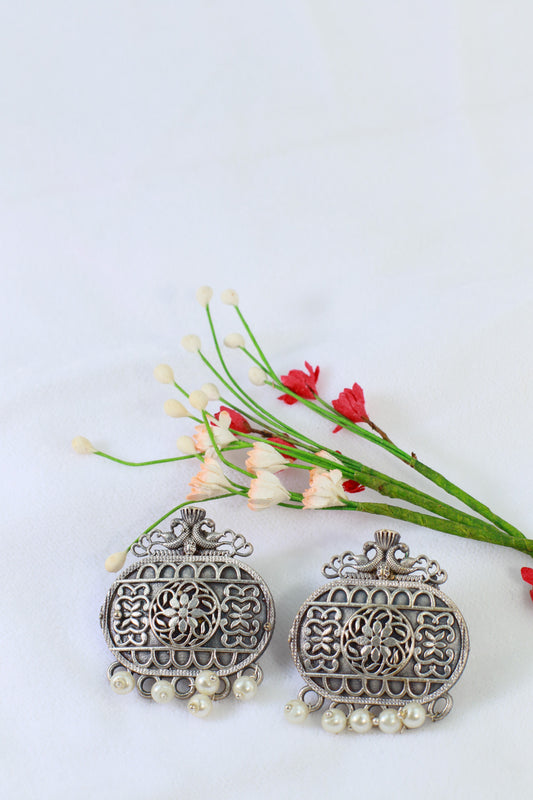 Oxidised German Silver Antique Oval Stud Earrings with Pearl Drops