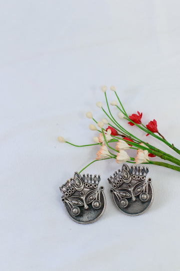 Oxidised Durga Face German Silver Stud Earrings