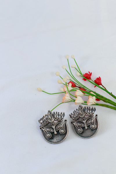 Oxidised Durga Face German Silver Stud Earrings