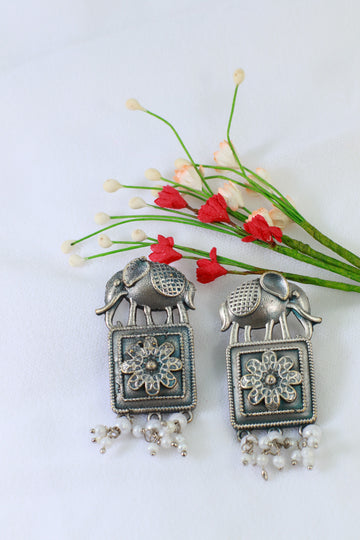 Oxidised German Silver Elephant Design Earrings with Pearls