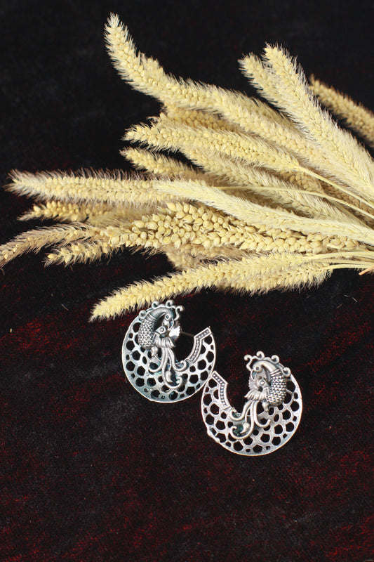 Oxidised German Silver Peacock Cutwork Hoop Earrings – Tribal Dangler
