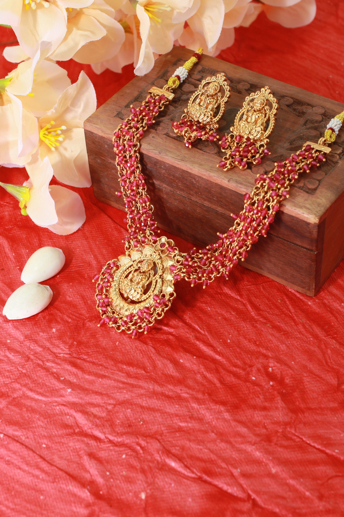 Ruby Bead Temple Necklace with Lakshmi Pendant