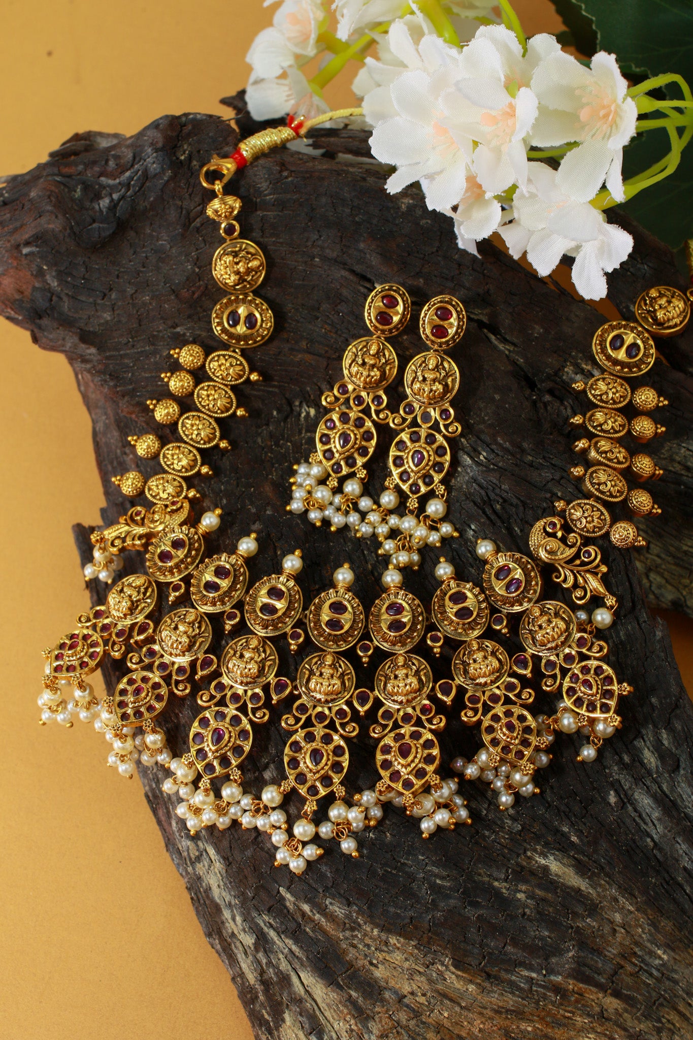 Antique Lakshmi Coin Temple Necklace Set with Ruby Kemp & Pearls