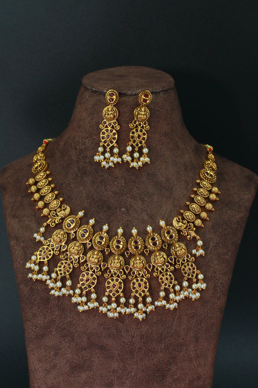 Antique Lakshmi Coin Temple Necklace Set with Ruby Kemp & Pearls