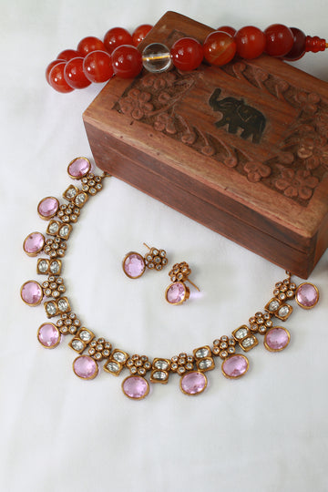 Antique Temple Necklace Set with Pastel Lilac & Polki Look Stones