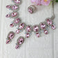 Korean Pink Oval Glass Stone Glass & AD Stone Necklace Set | Rhodium Plated Bridal & Party Jewelry with Earrings