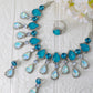 Aqua Blue Korean Glass Stone Jewelry Necklace Set | Rhodium Plated Statement Jewelry with Earrings