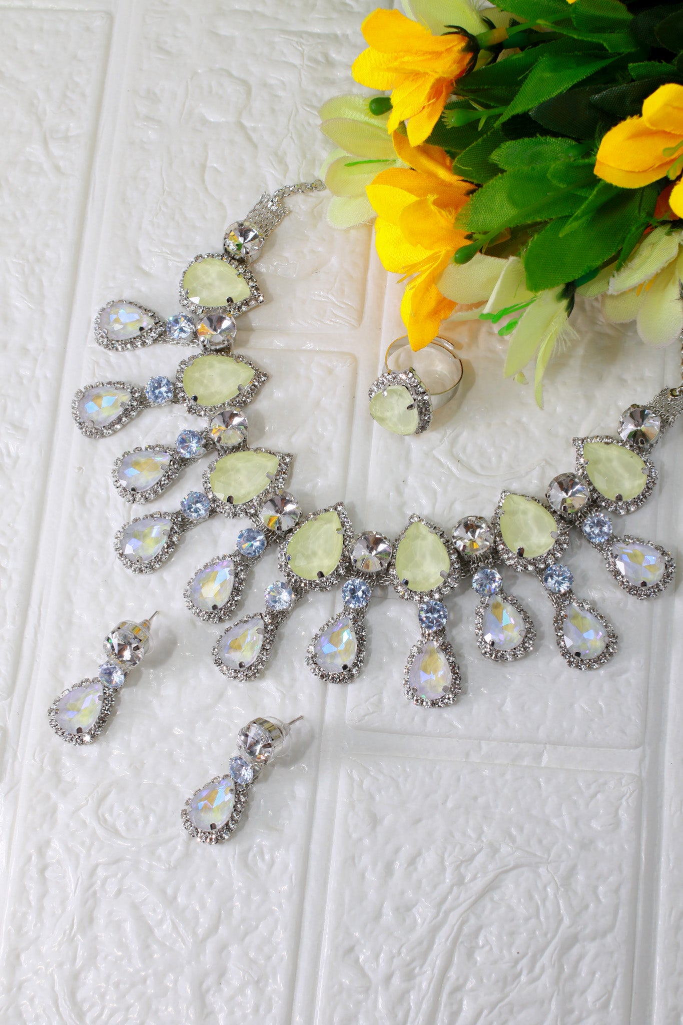 Korean Lemon Yellow Glass Stone Jewelry Necklace Set | Rhodium Plated Fashion Jewelry with Earrings