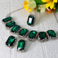 Korean Green Rectangular Glass Stone Glass & AD Stone Necklace Set | Rhodium Plated Statement Jewelry with Earrings