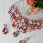 Korean Peach Pink Glass Stone Jewelry Necklace & Earrings Set | Rhodium Plated Luxury Party Jewelry