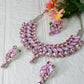 Korean Pink Gradient Glass Stone Jewelry Necklace Set | Luxury Rhodium Plated Bridal & Party Jewelry with Earrings
