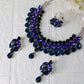 Korean Blue & Purple Glass Stone Jewelry Necklace Set | Rhodium Plated Bridal & Party Jewelry with Earrings
