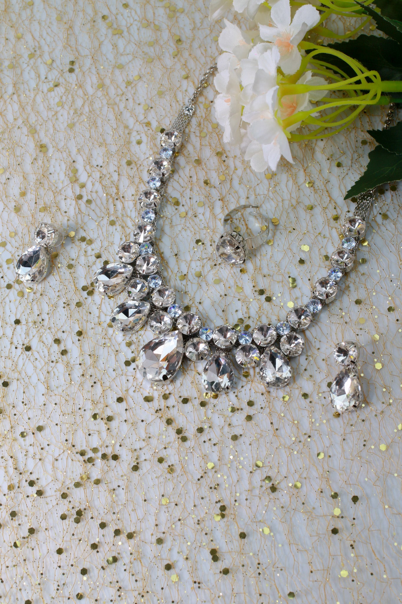 Crystal Clear & Blue Korean Glass Stone Jewelry Necklace Set | Rhodium Plated Elegant Bridal Jewelry with Earrings