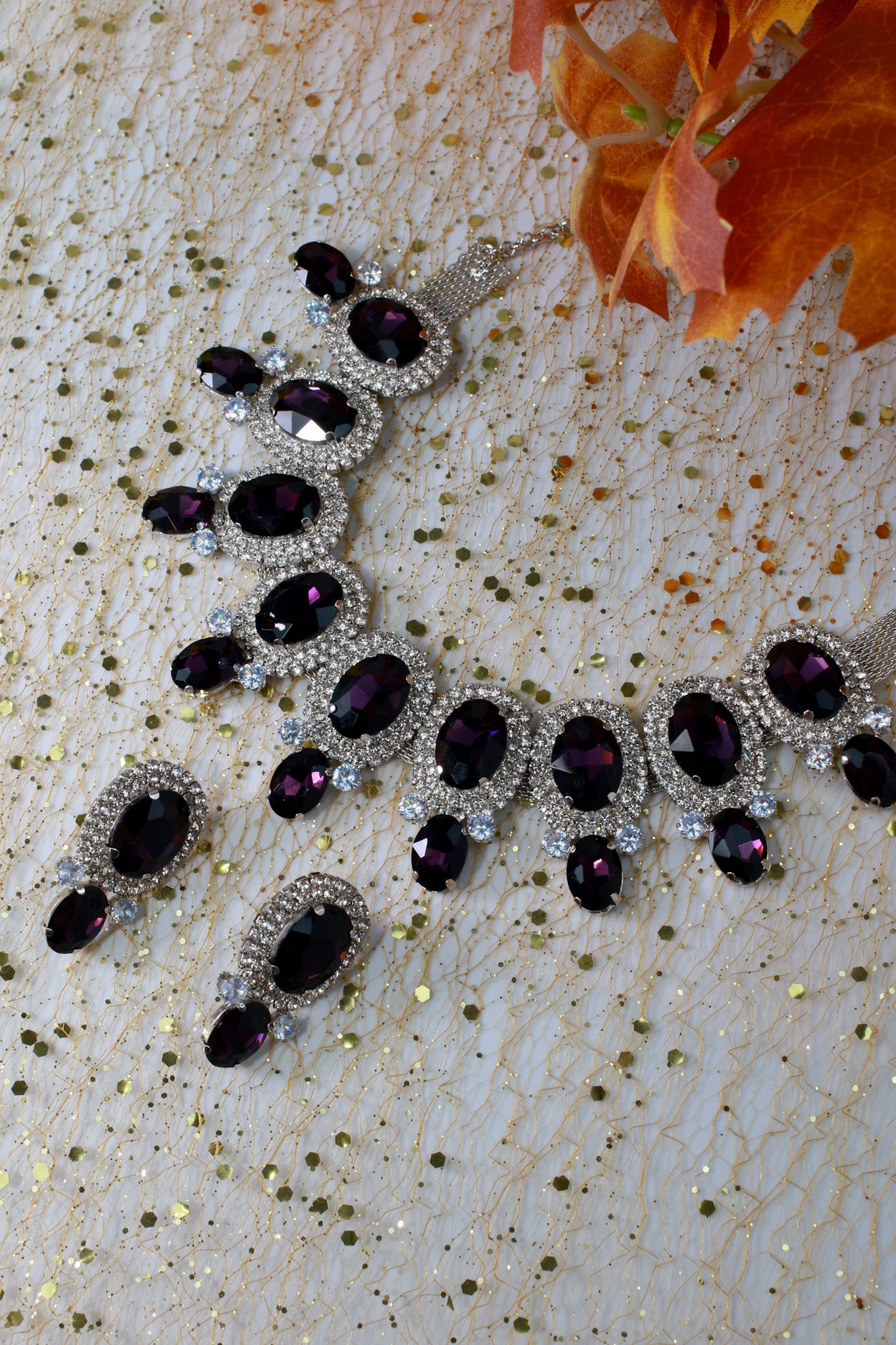 Korean Purple Oval Glass Stone Glass & AD Stone Necklace Set | Rhodium Plated Bridal & Party Jewelry with Earrings